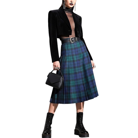 Vtg Yarrowvale Scottish wool blue green plaid check pleated tartan midi skirt 16 - Picture 3 of 13